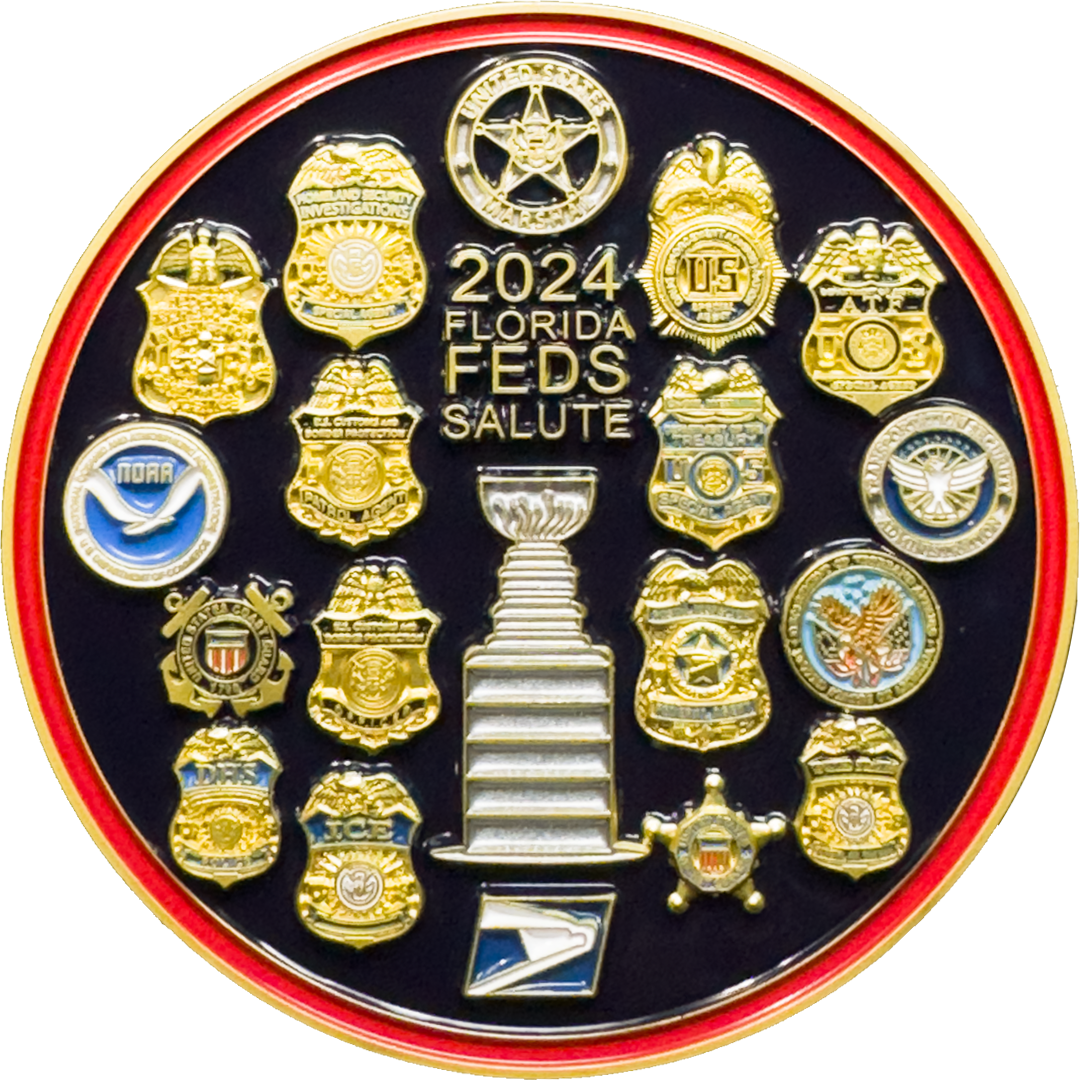 BL16-008 for Florida Panthers fans Feds Salute Cup Champions Challenge Coin Secret Service FBI HSI US Marshal DEA ATF IRS TSA NOAA Postal Police CBP ICE FAM VA Coast Guard Border Patrol FPS