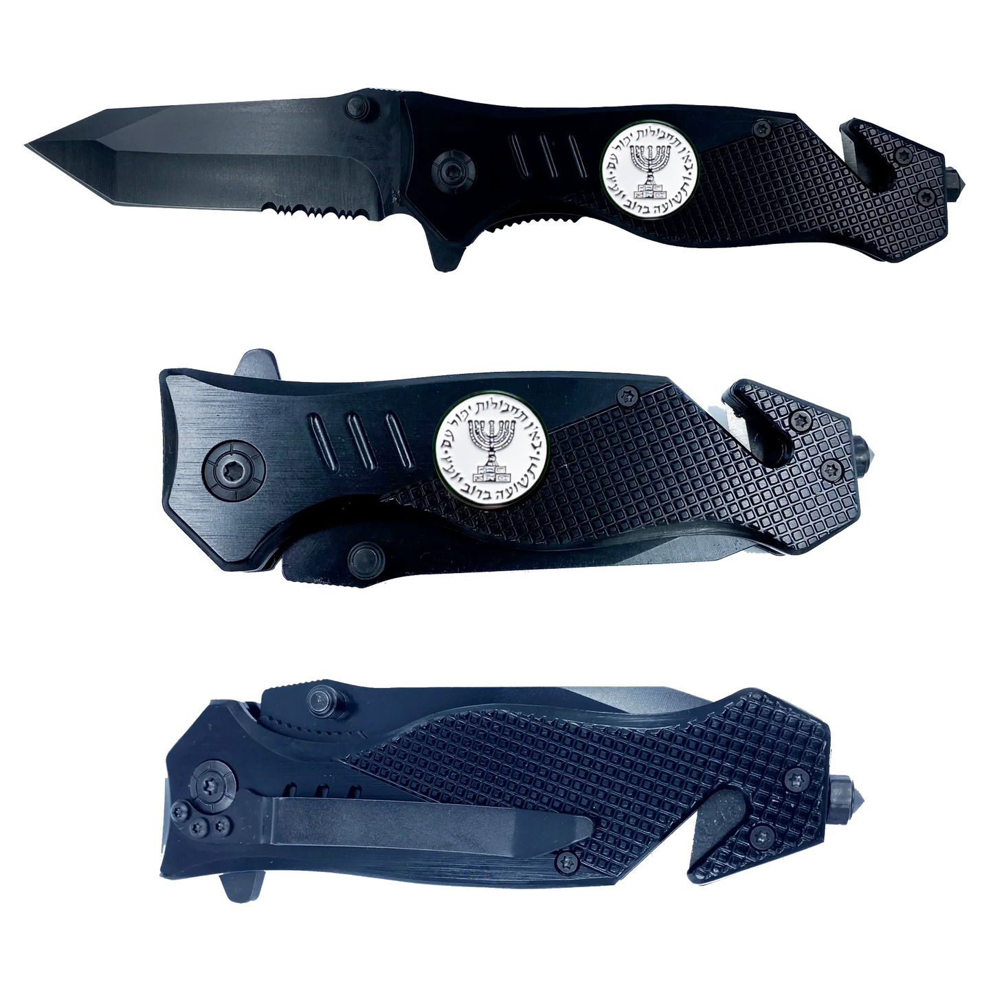 Mossad Israeli Intelligence 3-in-1 Tactical Rescue tool knife with Seatbelt Cutter Steel Serrated Blade Glass