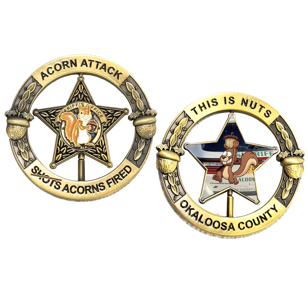 EL17-001 Okaloosa Deputy Sheriff Acorn Shots Fired Squirrel Spinner Challenge Coin