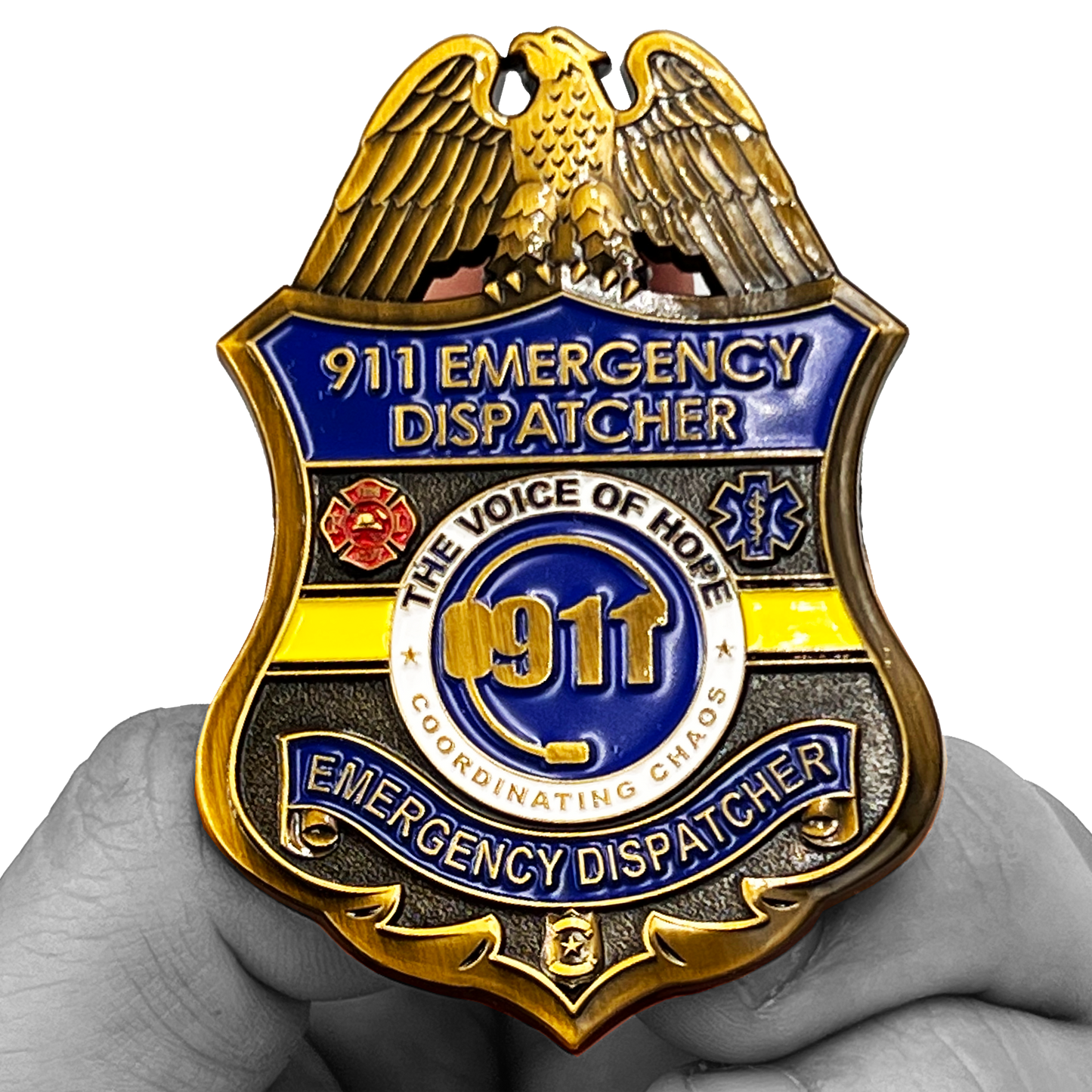 CL10-04 911 Emergency Dispatcher Fire Police EMT thin gold line Pin not a Challenge Coin