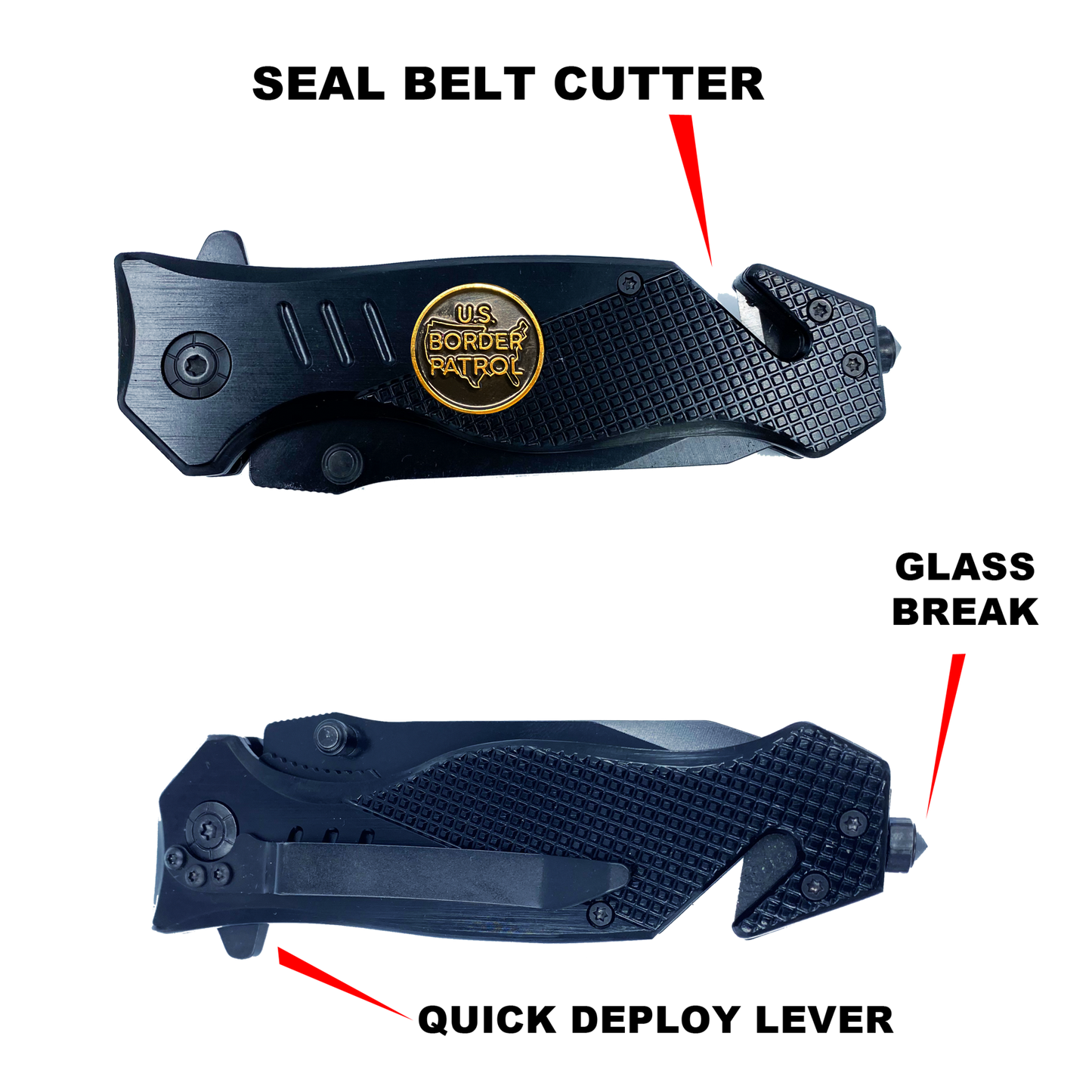 Border Patrol collectible BPA 3-in-1 Police Tactical Rescue knife tool with Seatbelt Cutter, Steel Serrated Blade, Glass Breaker Patrol Agent CBP