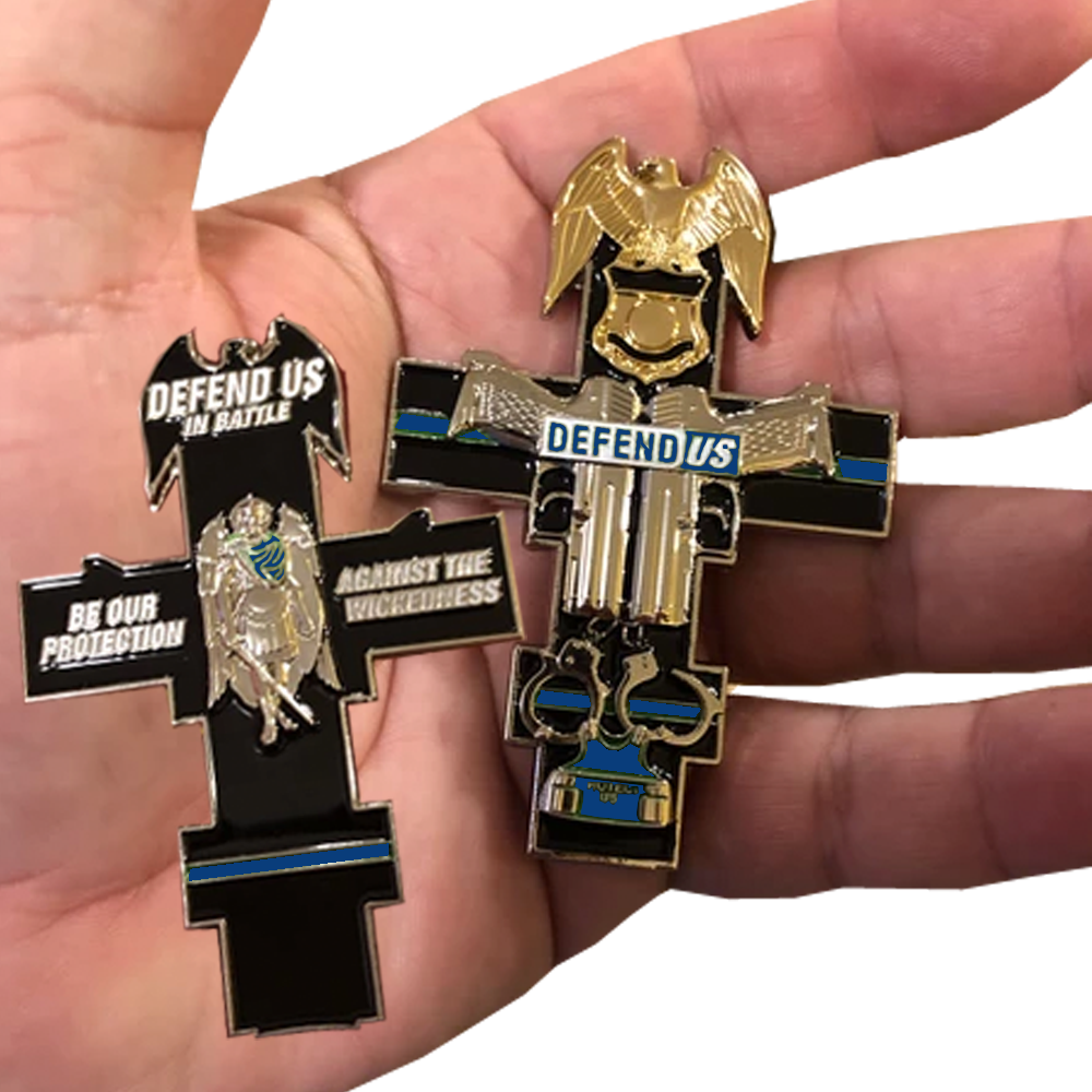 GG-010 Thin Blue Line St. Michael Cross Police Sheriff CBP FBI ATF Challenge Coin medallion