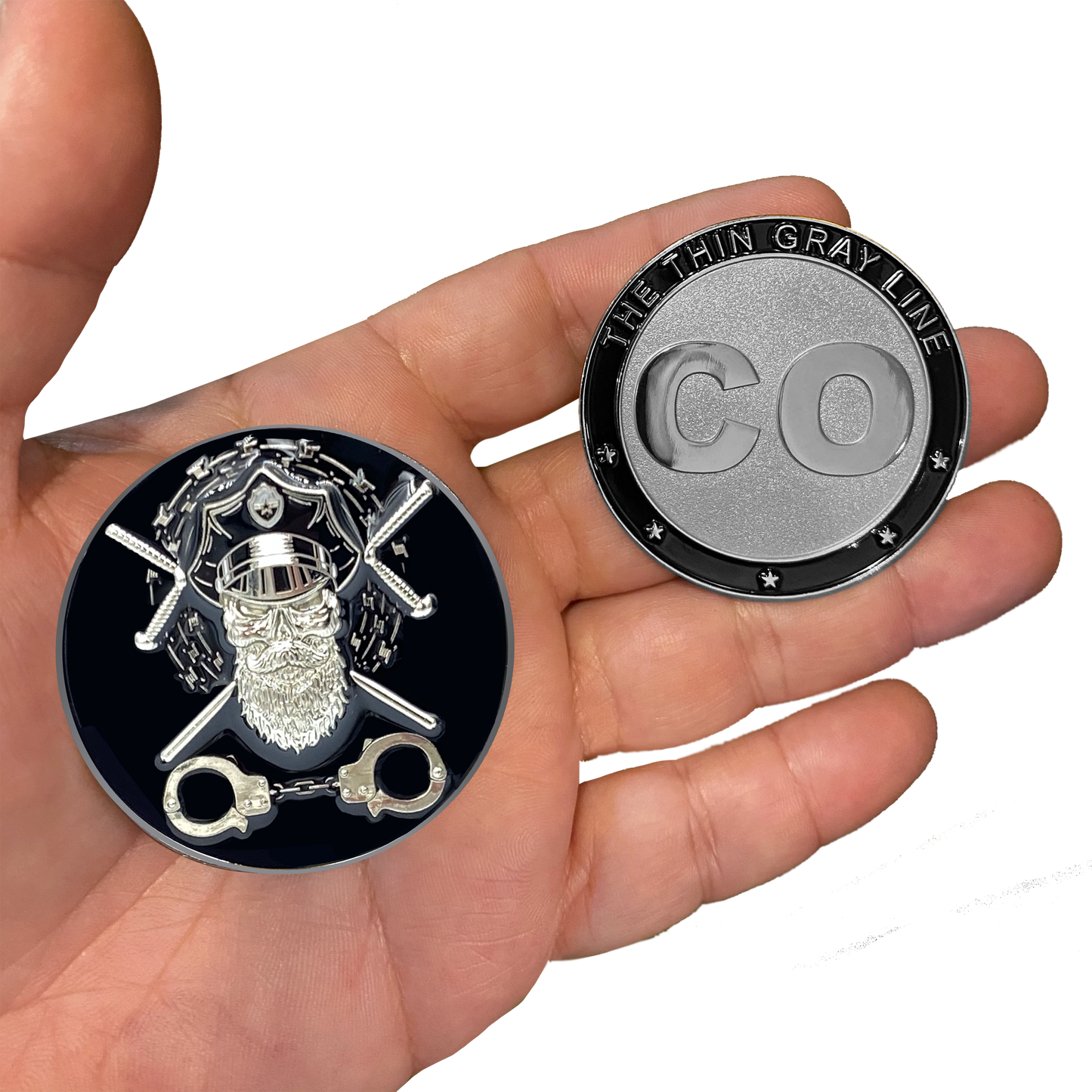 EL1-014 Correctional Officer CO Thin Gray Line Beard Gang Skull Challenge Coin Corrections Tools of The Trade