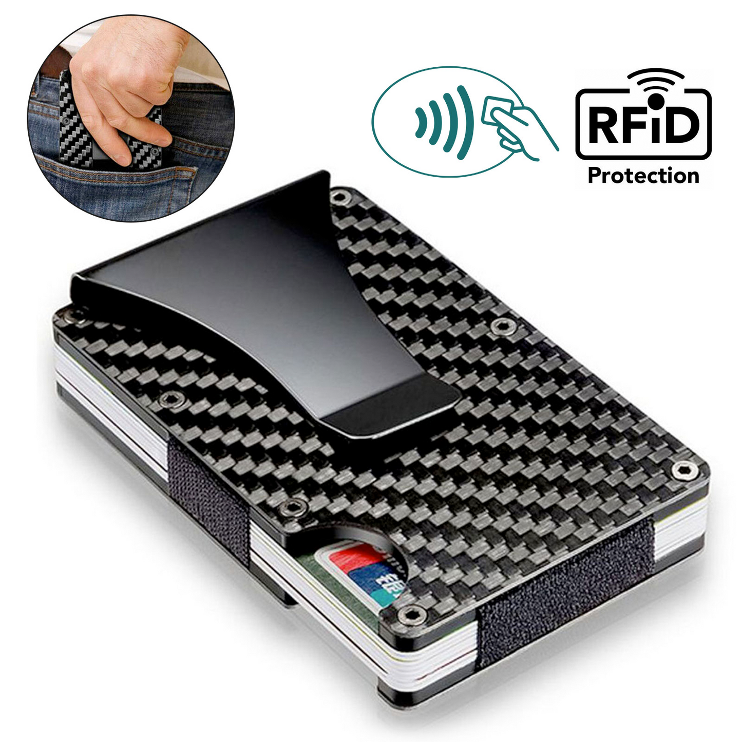 Black Carbon Fiber Wallet Money Clip RFID Blocking Front Pocket Wallet Premium Minimalist Wallets for Men Minimalist Slim Credit Card Holder Business Card Holder Mens Aluminum Metal Wallet