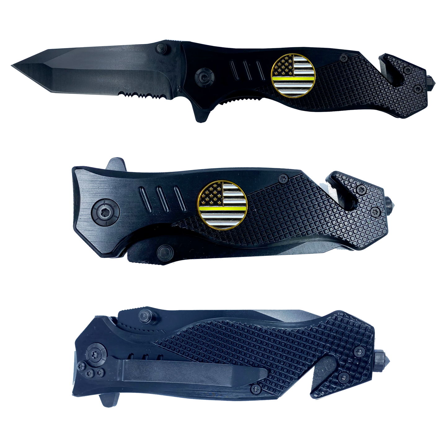 Thin Gold Line Police collectible 3-in-1 Tactical Officer Rescue tool with Seatbelt Cutter, Steel Serrated Blade, Glass Breaker 911 Emergency Dispatcher thin yellow line