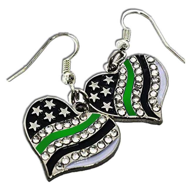 discontinued EE-005 Thin Green Line American Flag Earrings with rhinestones Police CBP Border Patrol Deputy Sheriff Marines Army