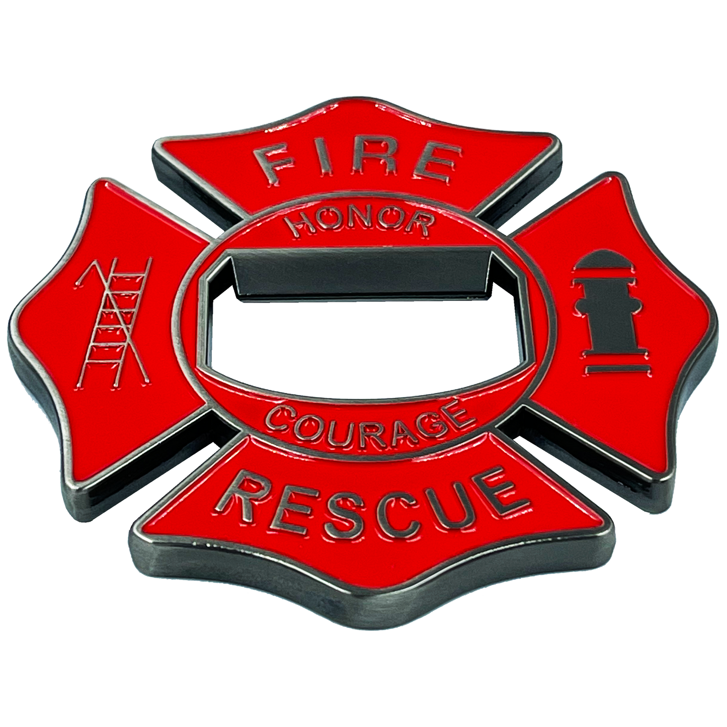 BL14-016 Maltese Cross Fire Department Bottle Opener American Flag Challenge Coin Fire Fighter