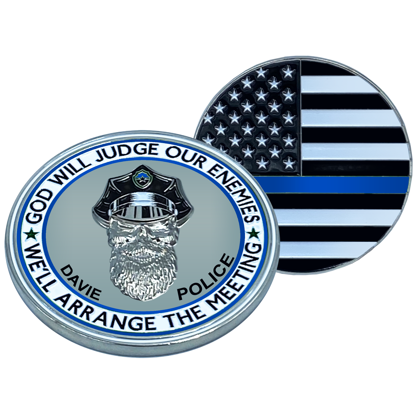 EL1-007 Thin Blue Line Davie Florida Police God Will Judge BEARD GANG SKULL Challenge Coin City of Police Department Broward Southwest Ranches Back the Blue