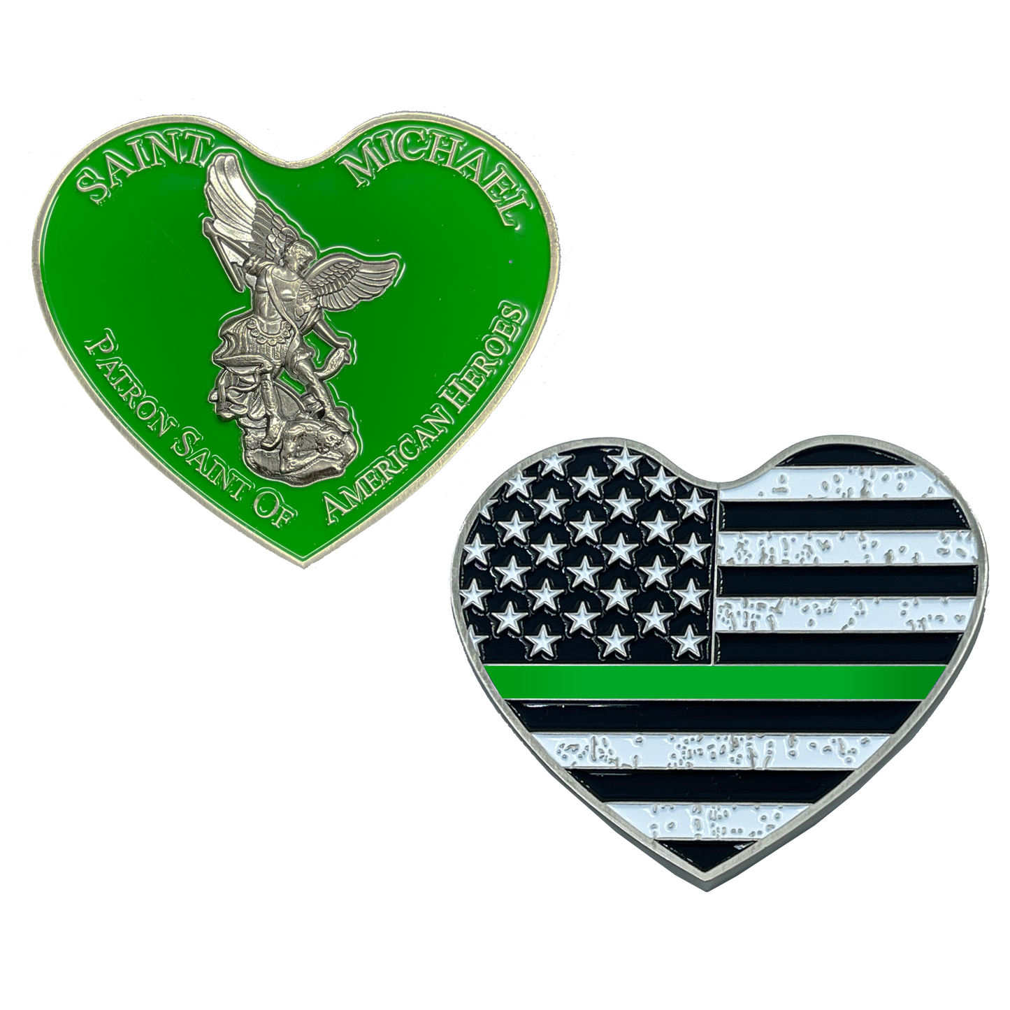 EL5-003 Thin GREEN Line St. Michael Heart Love Prayer Patron Saint of American Heroes Army Marines Deputy Sheriff CBP Border Patrol Agent