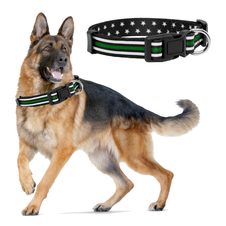 discontinued BL9-016 Thin Green Line with stars Dog Collar Back The Blue K9 Partner Canine Flag Border Patrol Deputy Sheriff Army Marines