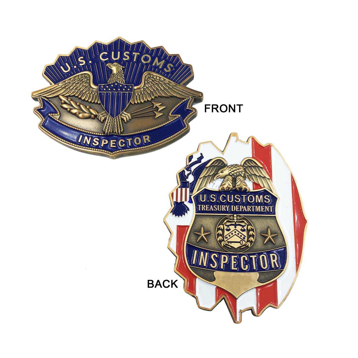 JJ-010 Legacy U.S. Customs Inspector Challenge Coin Hat Device front shield on flag back