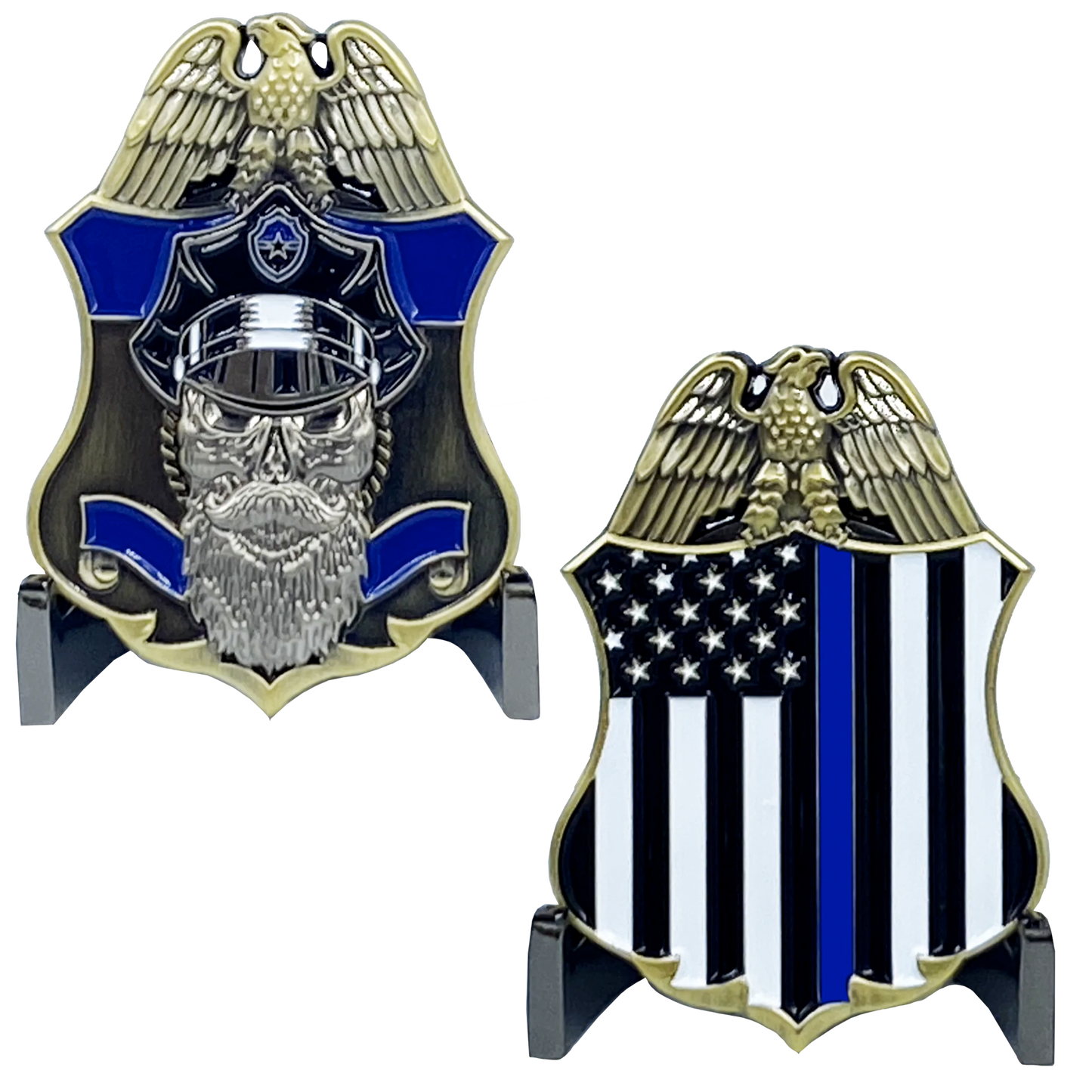 J-003 Thin Blue Line Police Challenge Coin Beard Gang Skull Back the Blue CBP TSA DEA ATF LAPD NYPD CPD