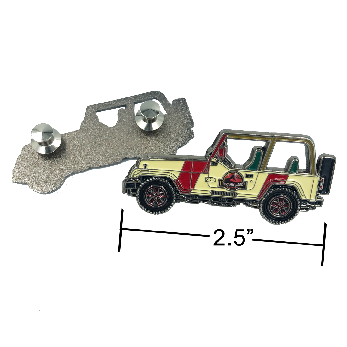 discontinued EE-009 Jurassic Park inspired Jeep pin (2.5 inch with 2 pin posts and spring loaded clasps)