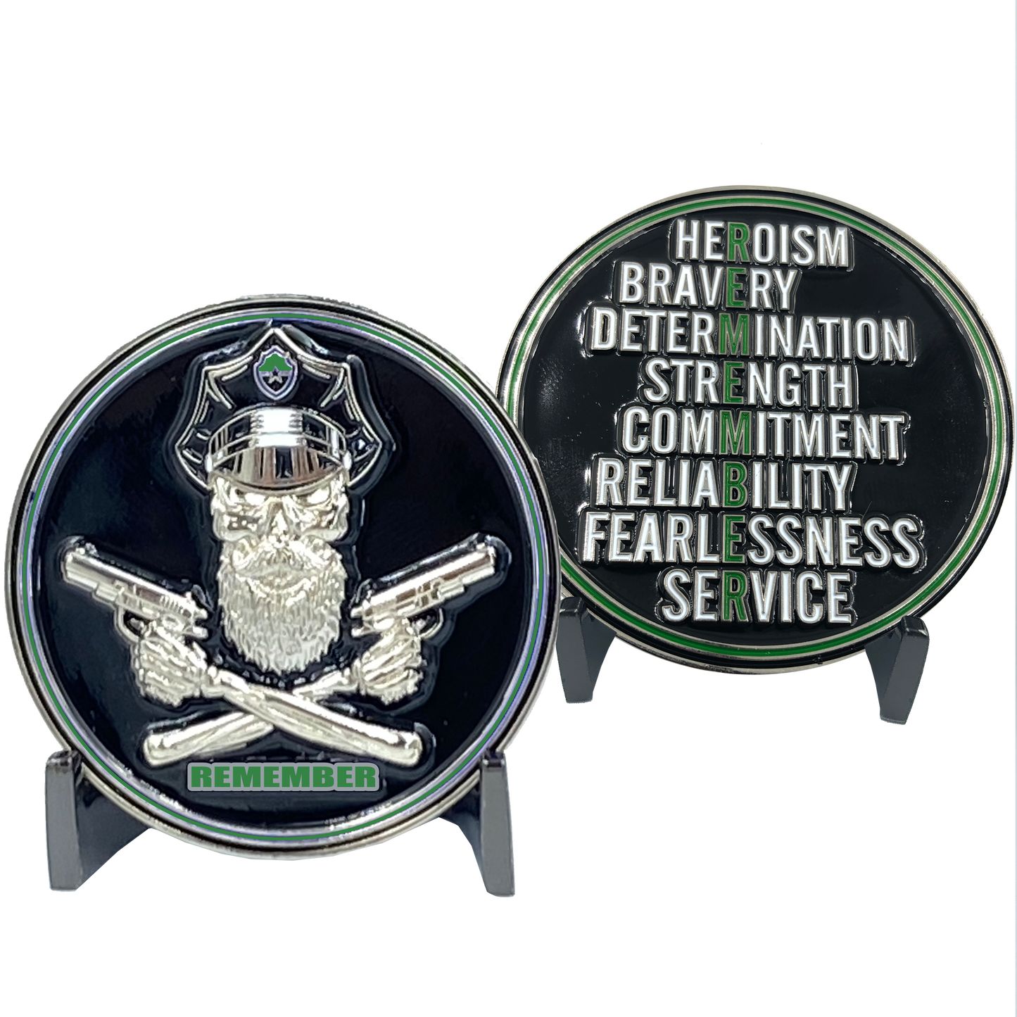 DL1-20 REMEMBER Thin Green Line Beard Gang Skull Border Patrol Agent Deputy Sheriff Army Marines Challenge Coin Corrections CBP