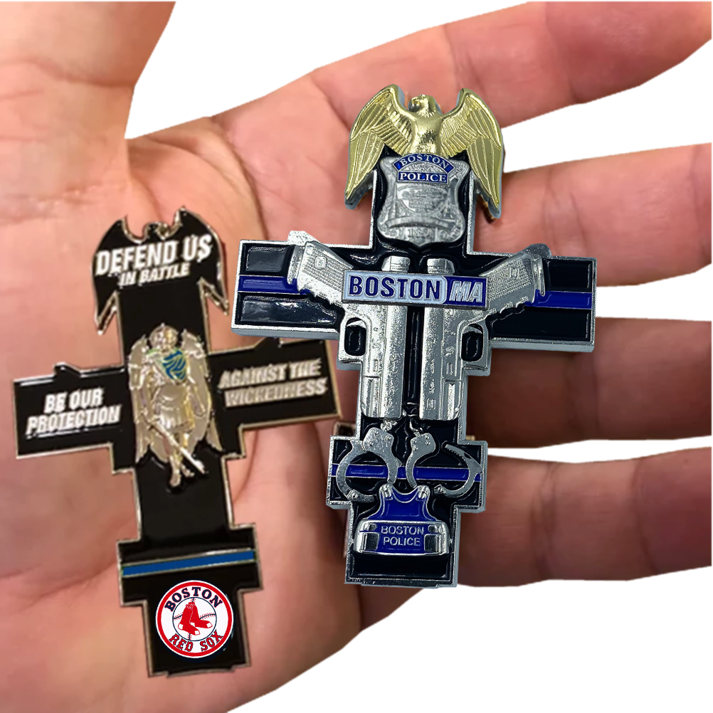 FF-003 Red Sox inspired Boston Police Thin Blue Line St. Michael Cross Challenge Coin medallion