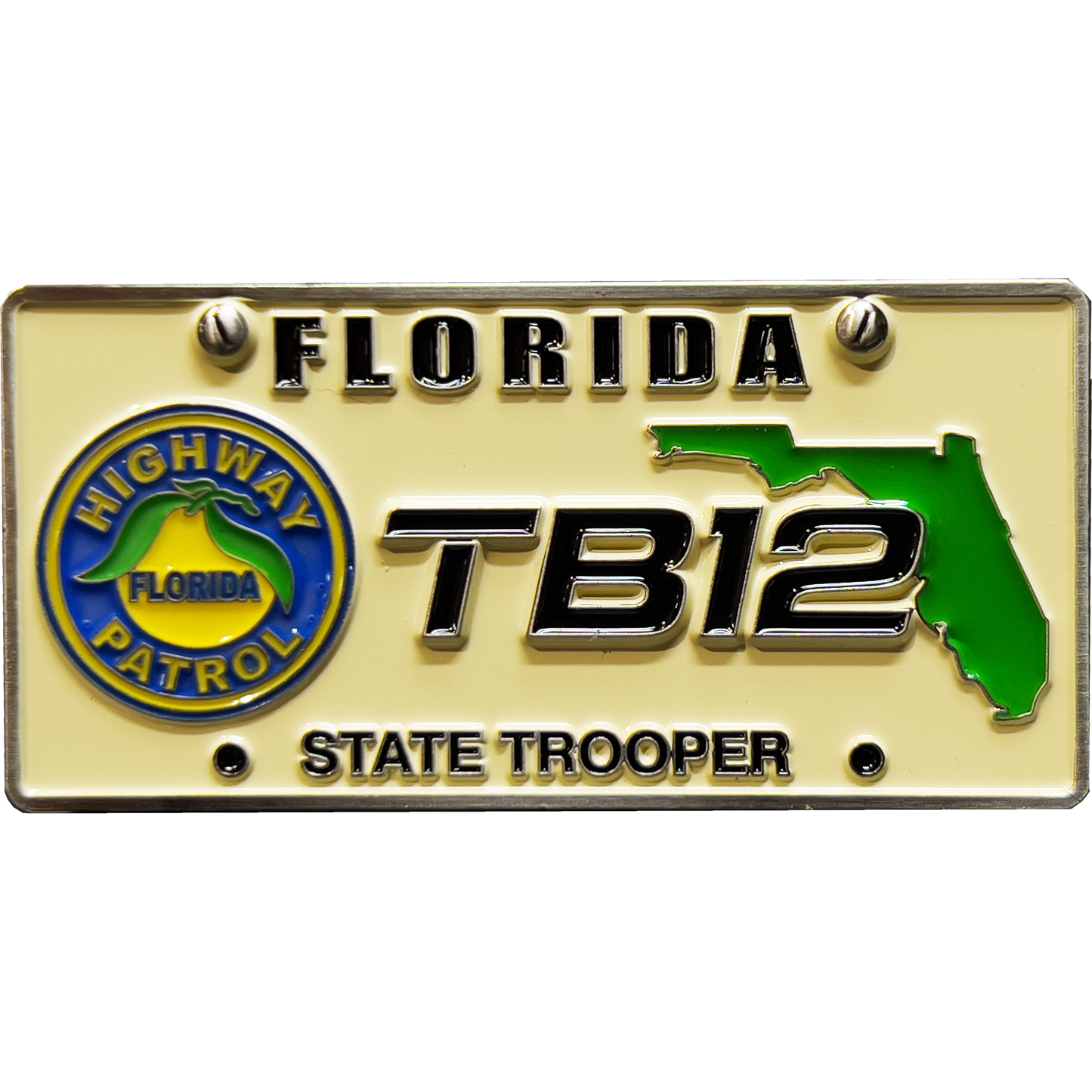 GL11-001 FHP Florida Highway Patrol State Police Tampa Bay Stadium Security Detail License Plate Challenge Coin