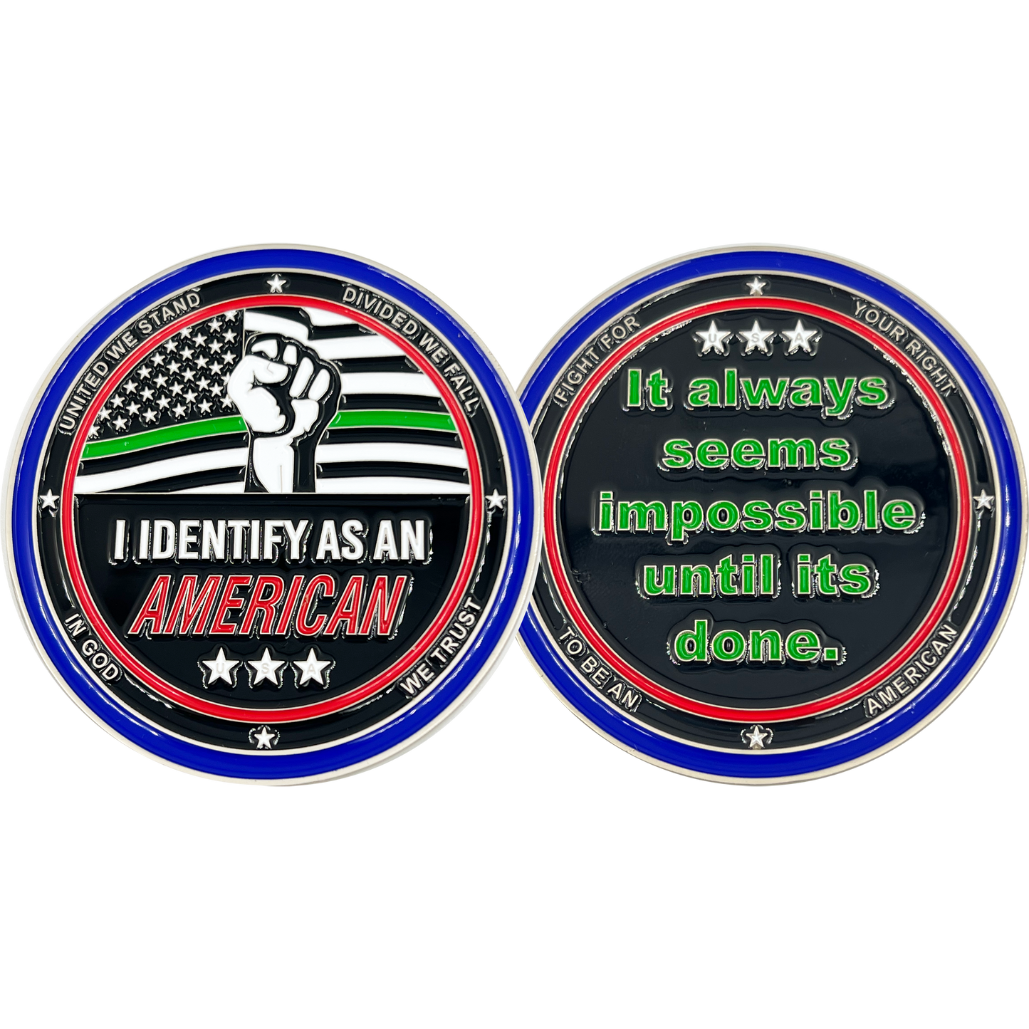 EL12-010 My Pronoun is AMERICAN Thin Green Line Challenge Coin Border Patrol Deputy Sheriff Military