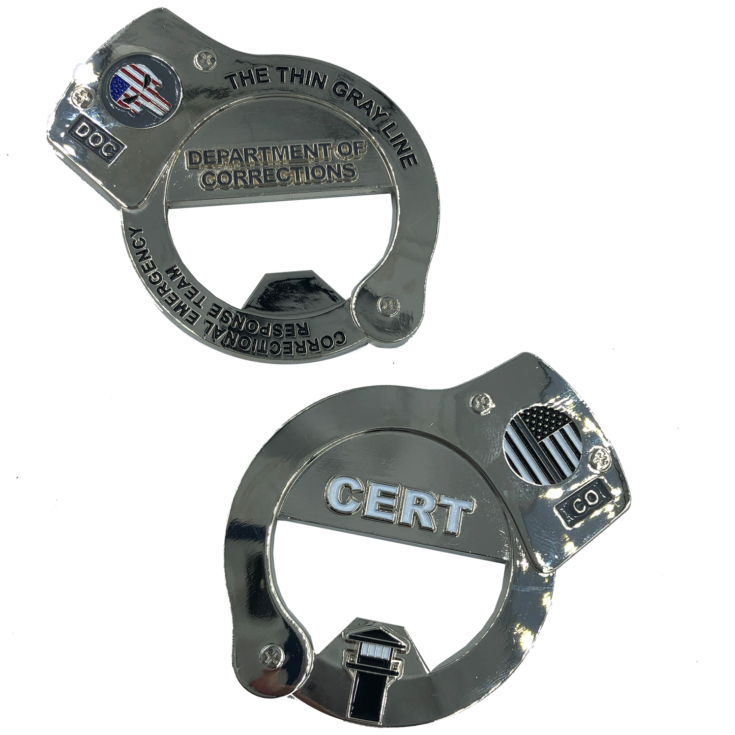 KK-013 CERT Thin Gray Line HANDCUFFs Challenge Coin Bottle Opener Corrections Correctional Officer