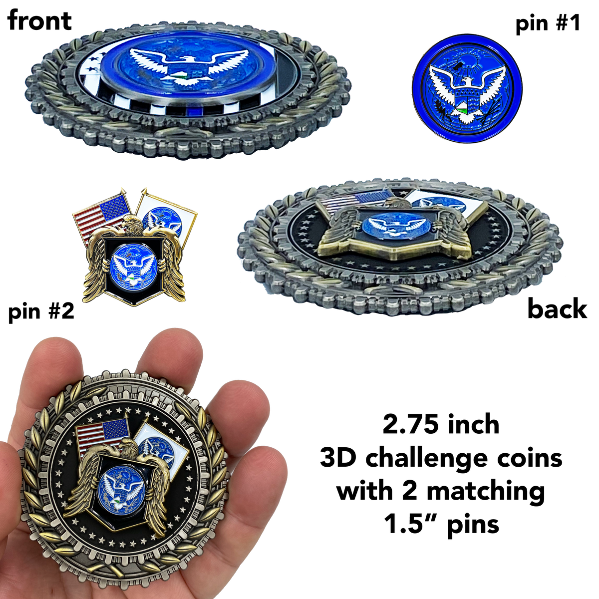 discontinued DL11-06 Large 2.75 inch Challenge Coin with 2 pins set Counter-Terrorism Homeland CBP HSI ICE FAM FPS USSS