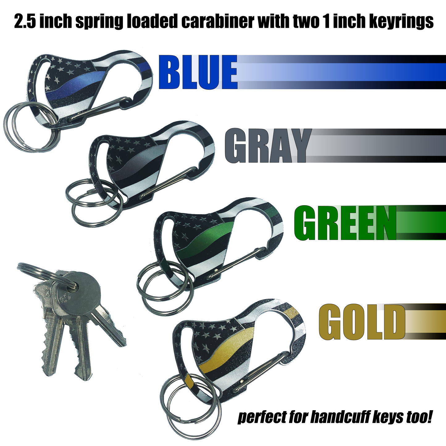 Thin Gold Line Carabiner Keychains with 2 key rings 911 dispatcher yellow security