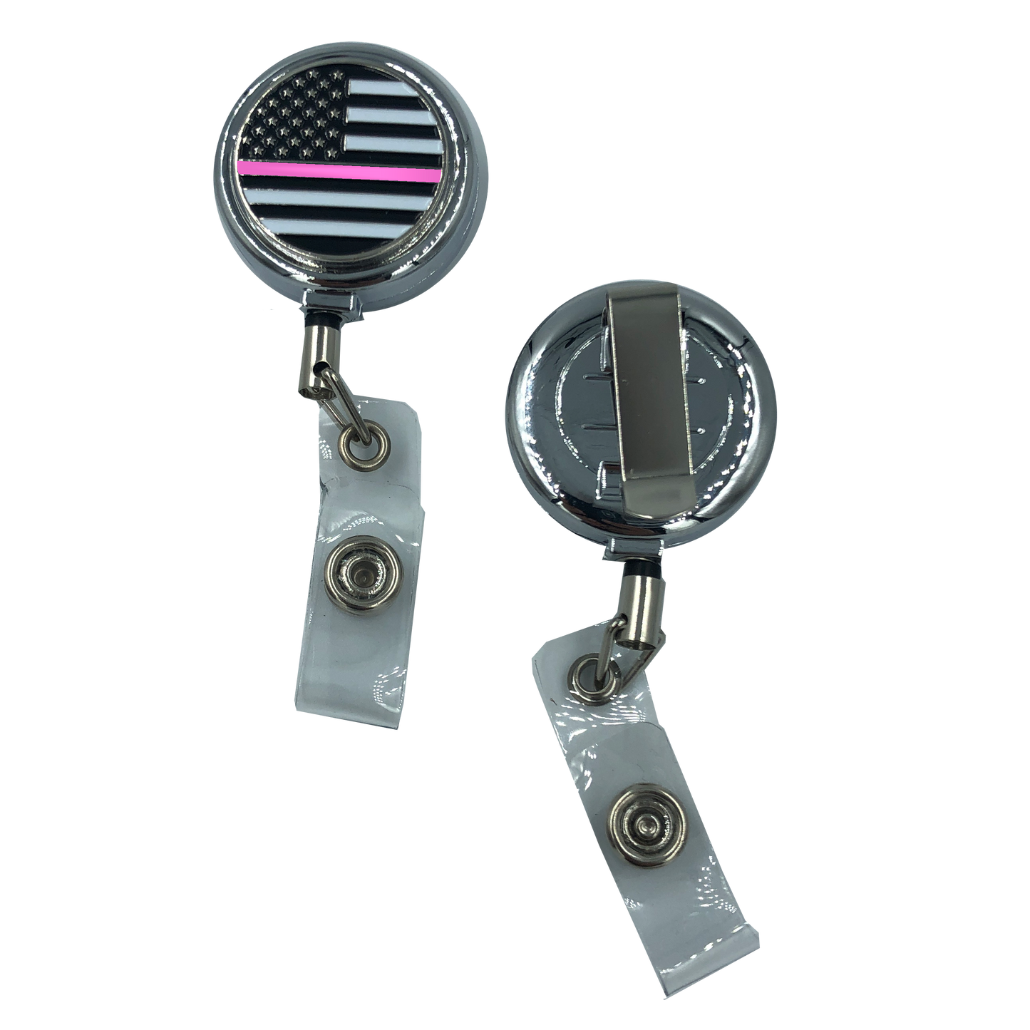 CL8-011 Thin Pink Line Breast Cancer Awareness Metal ID Reel retractable ID Card Holder