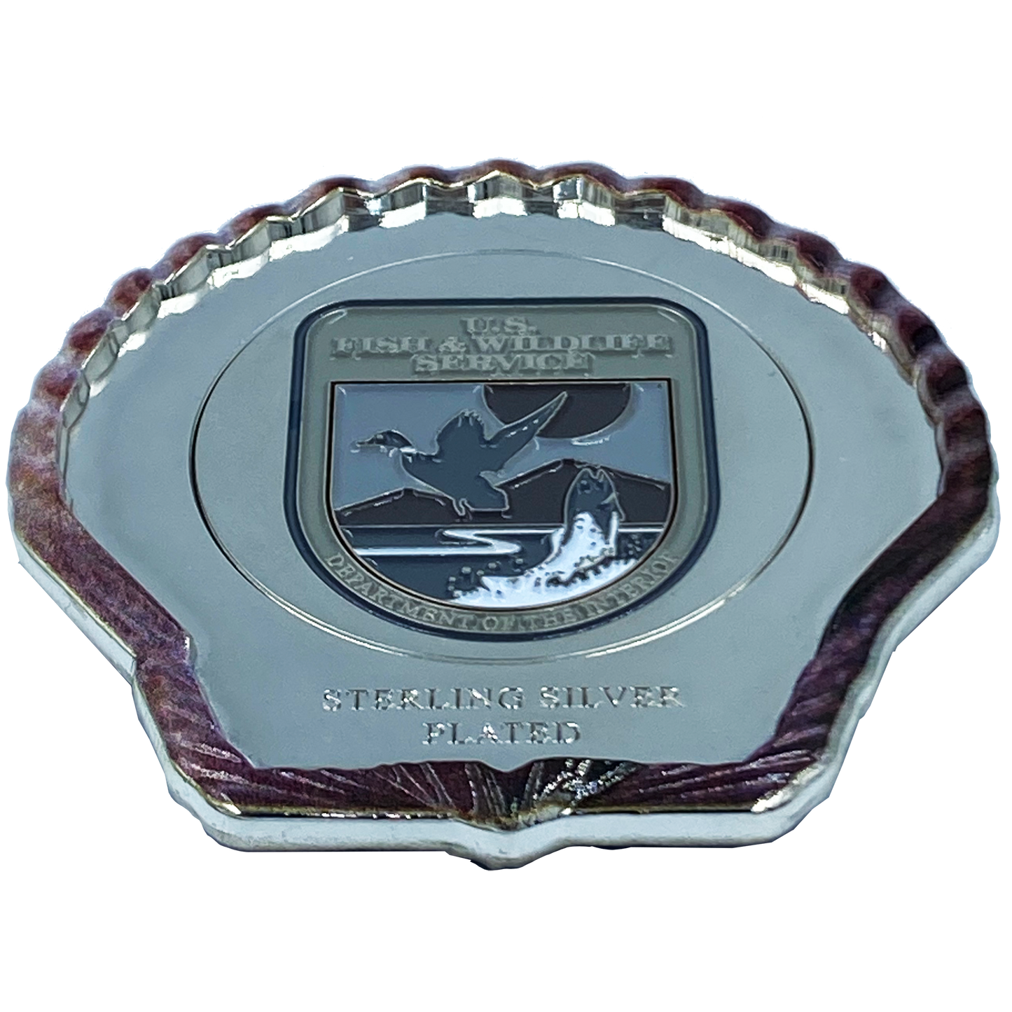 EL4-017 FWL U.S. FISH AND WILDLIFE SERVICE Sterling Silver Plated Seashell Challenge Coin Shell Federal FWS