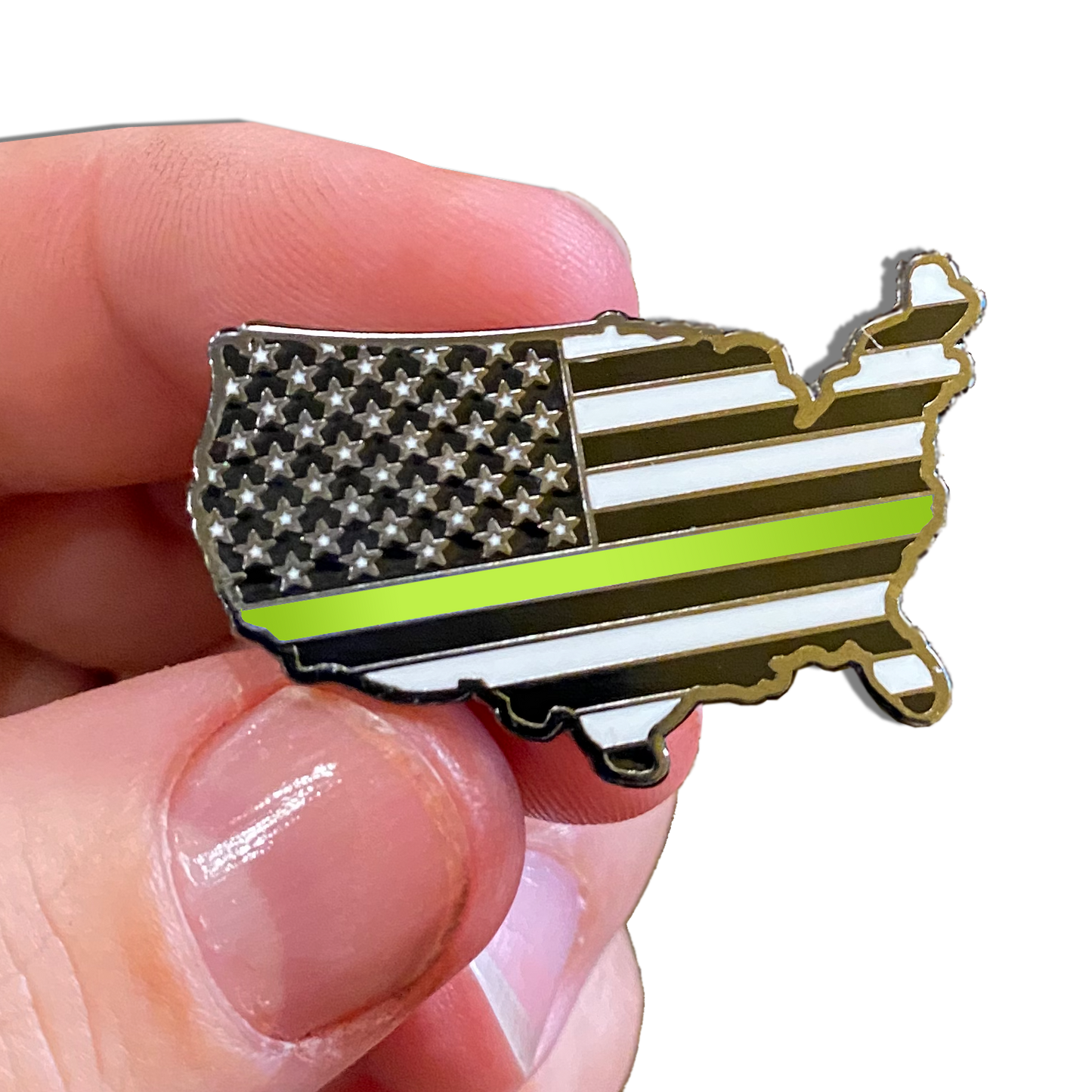 Thin Gold Line American Flag 911 Dispatcher U.S. Map Pin with 2 pin posts and deluxe pin clasps emergency yellow