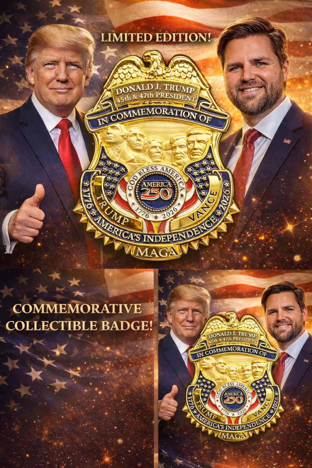 CL-YY Trump Vance Presidential 250th Anniversary 47 Full Size Commemorative with hinged pin back