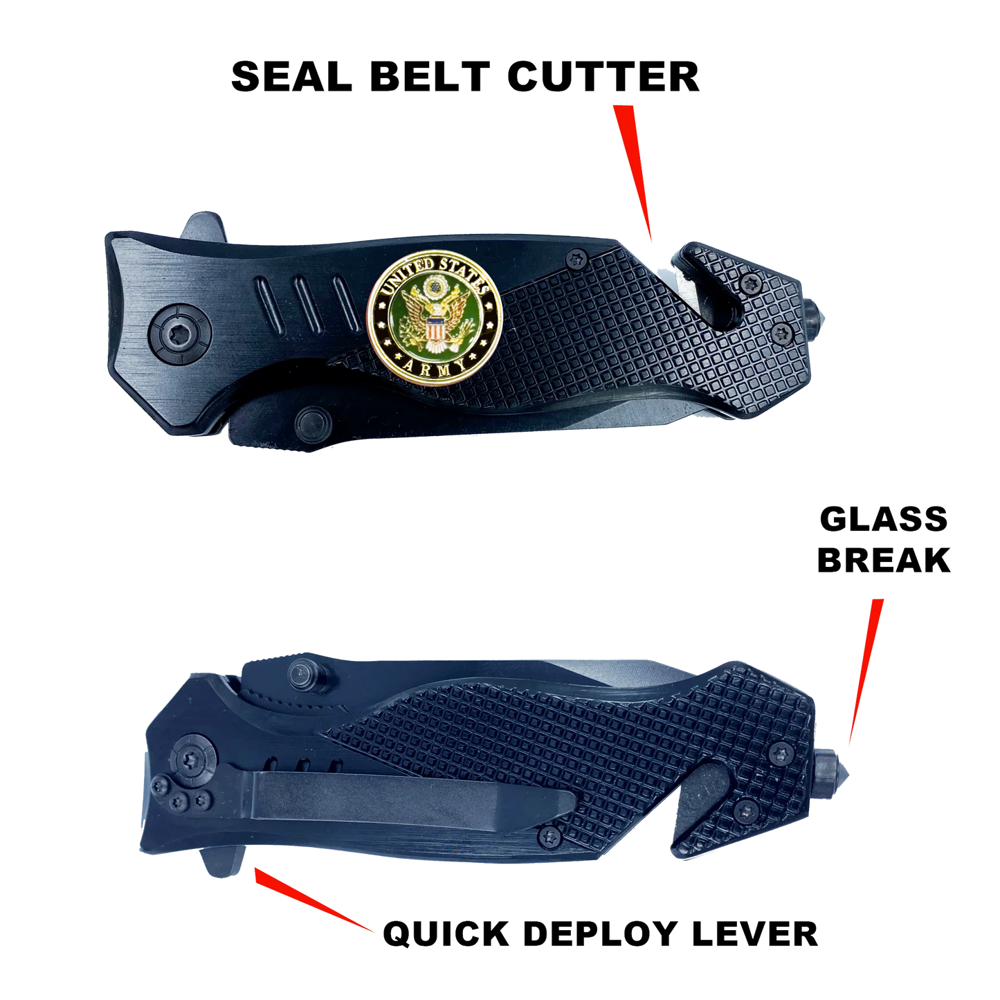 Army 3-in-1 Tactical Veteran Rescue tool knife with Seatbelt Cutter Steel Serrated Blade Glass