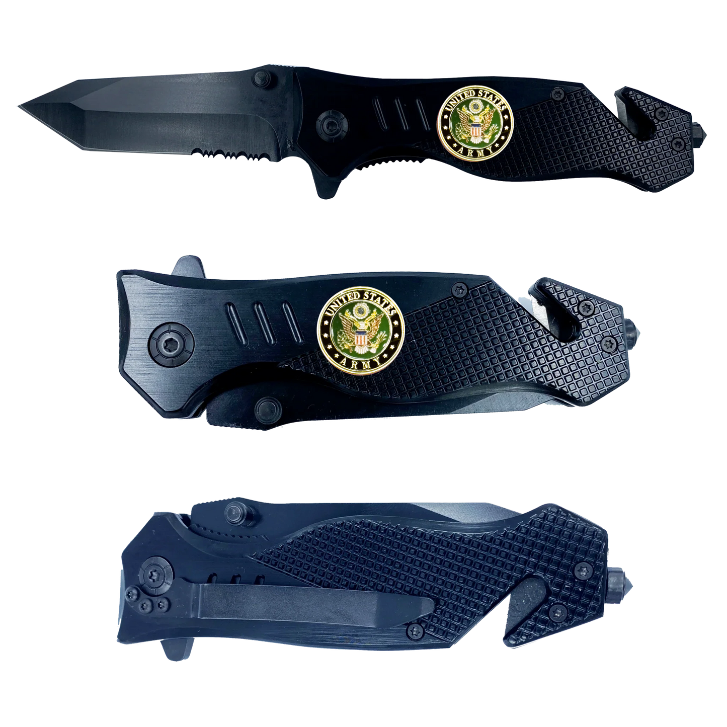 Army 3-in-1 Tactical Veteran Rescue tool knife with Seatbelt Cutter Steel Serrated Blade Glass