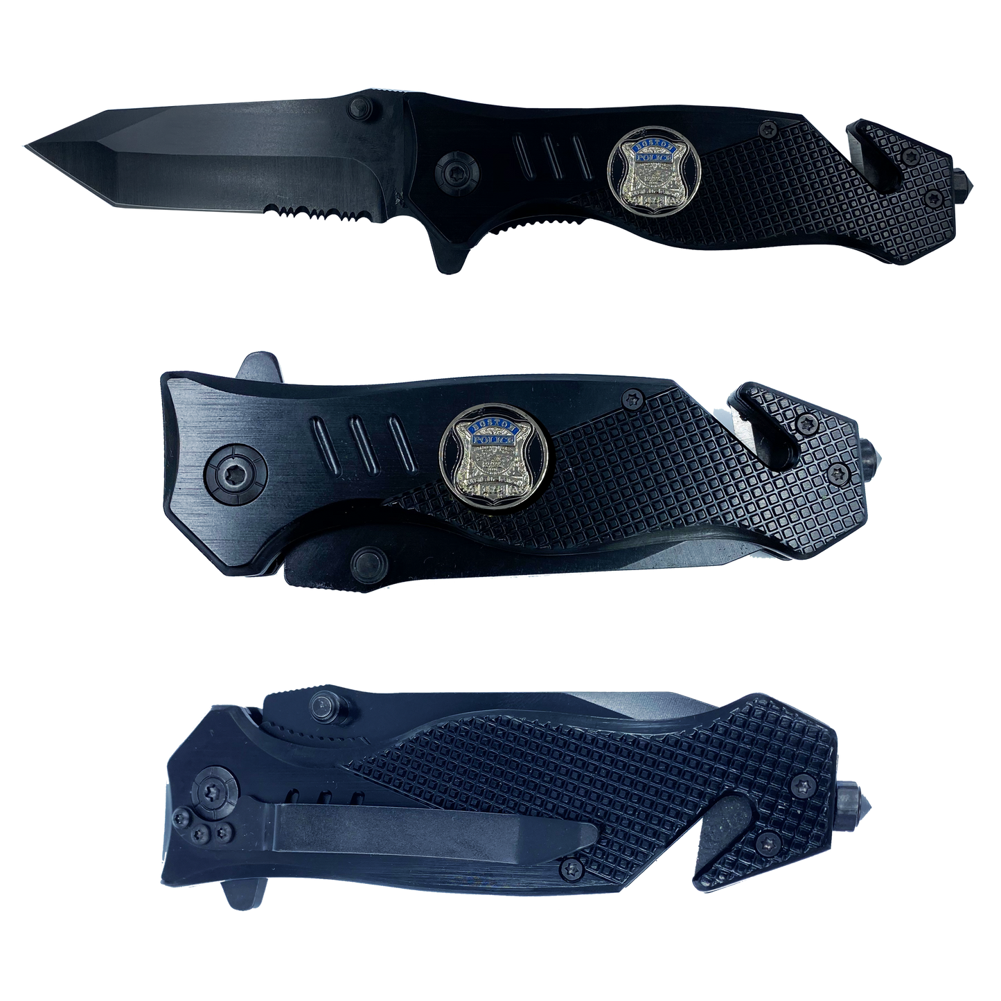 Boston Police collectible Officer 3-in-1 Police Tactical Rescue knife tool with Seatbelt Cutter, Steel Serrated Blade, Glass Breaker BPD