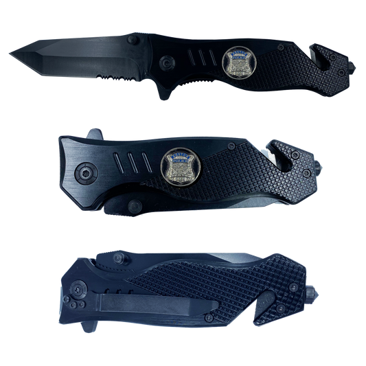 Boston Police collectible Officer 3-in-1 Police Tactical Rescue knife tool with Seatbelt Cutter, Steel Serrated Blade, Glass Breaker BPD