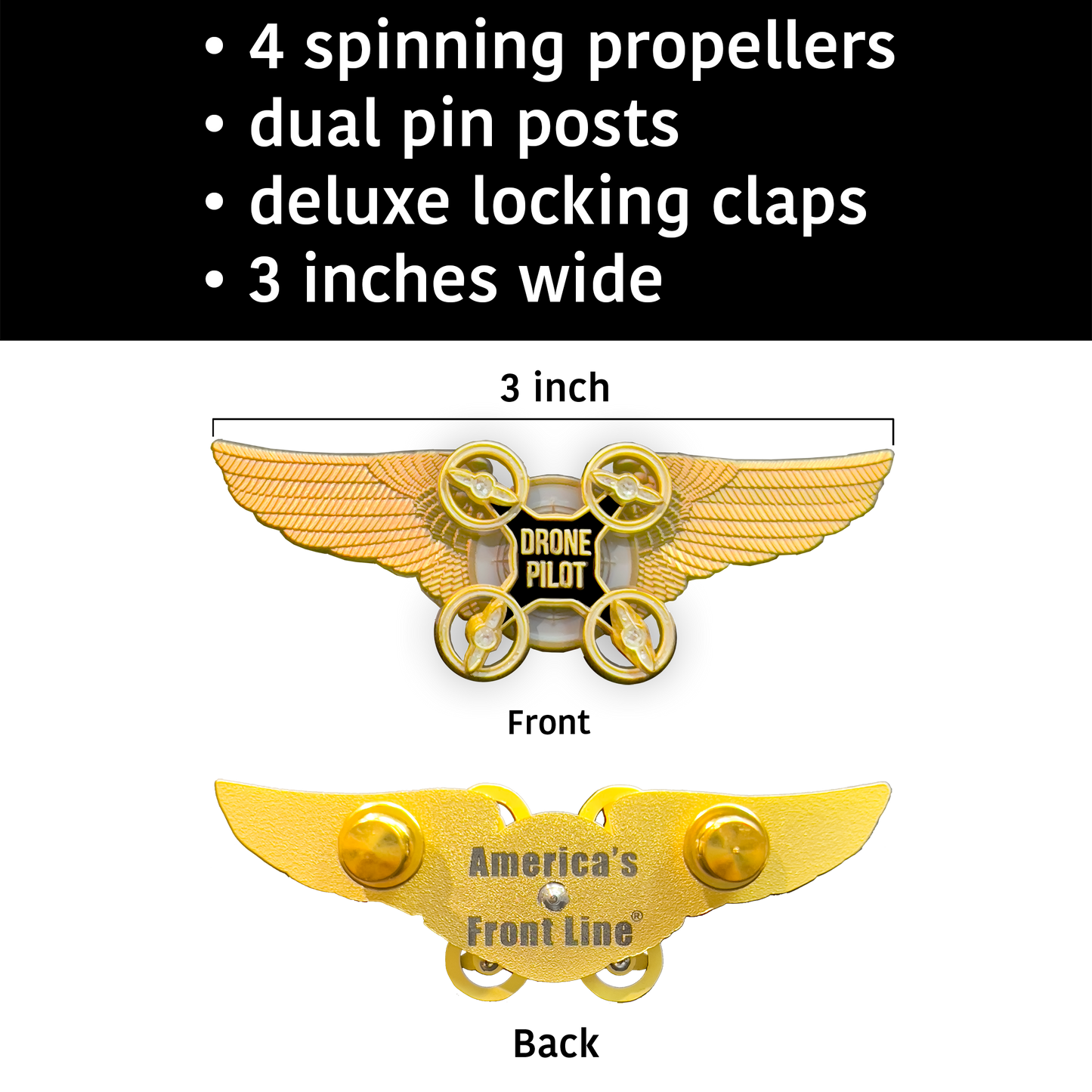 BL4-005 Gold Full size UAS FAA Commercial Drone Pilot Wings pin with spinning propellers