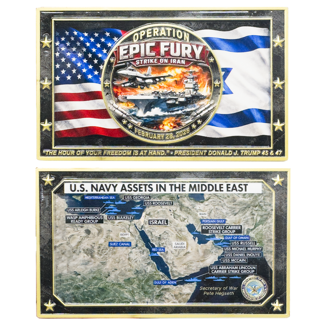 CL-WW Epic Fury Challenge Coin Honoring Pete Hegseth President Trump MAGA F-15 USS Abraham