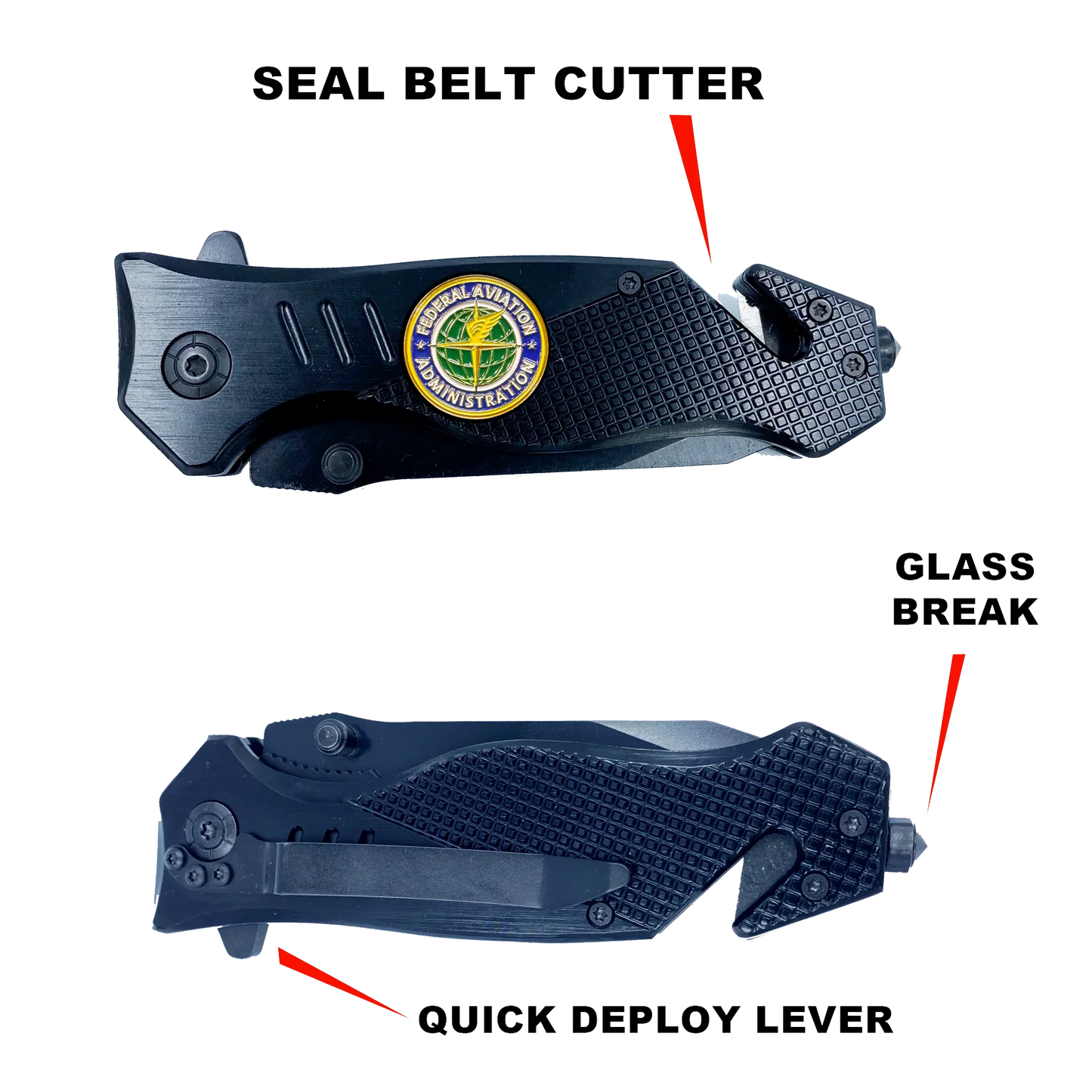 FAA Federal Aviation Administration 3-in-1 Tactical Rescue tool knife with Seatbelt Cutter Steel Serrated Blade Glass break
