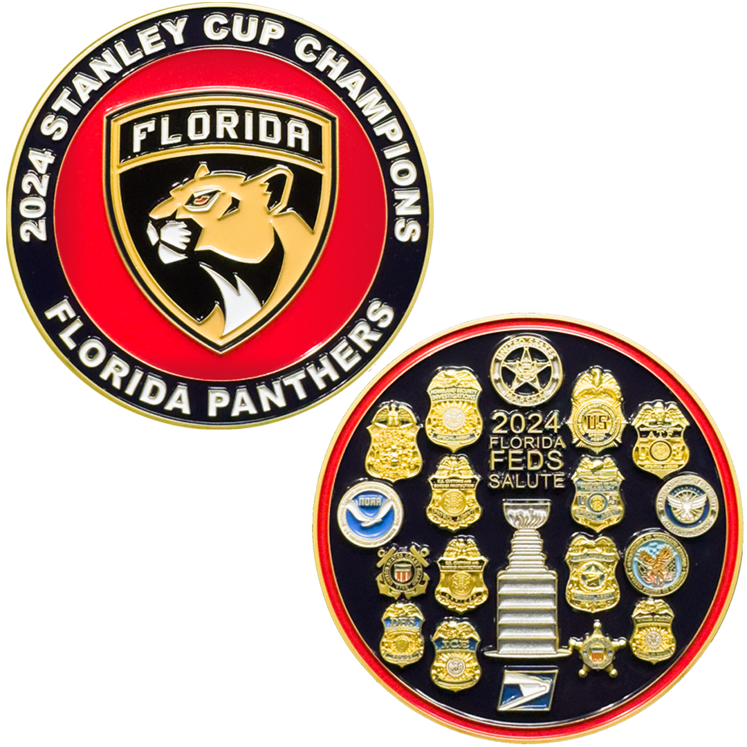 BL16-008 for Florida Panthers fans Feds Salute Cup Champions Challenge Coin Secret Service FBI HSI US Marshal DEA ATF IRS TSA NOAA Postal Police CBP ICE FAM VA Coast Guard Border Patrol FPS
