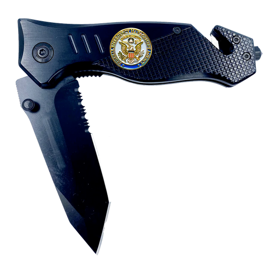 FEMA Federal Emergency Management Agency collectible 3-in-1 Police Tactical Rescue knife tool with Seatbelt Cutter, Steel Serrated Blade, Glass Breaker