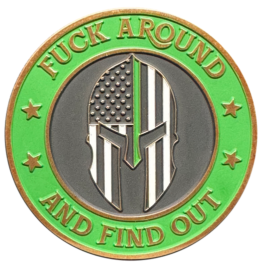 GL4-002 FAFO F Around and Find out Challenge Coin Thin Green Line Flag Spartan Gladiator Warrior Helmet Border Patrol Army Marines Veteran