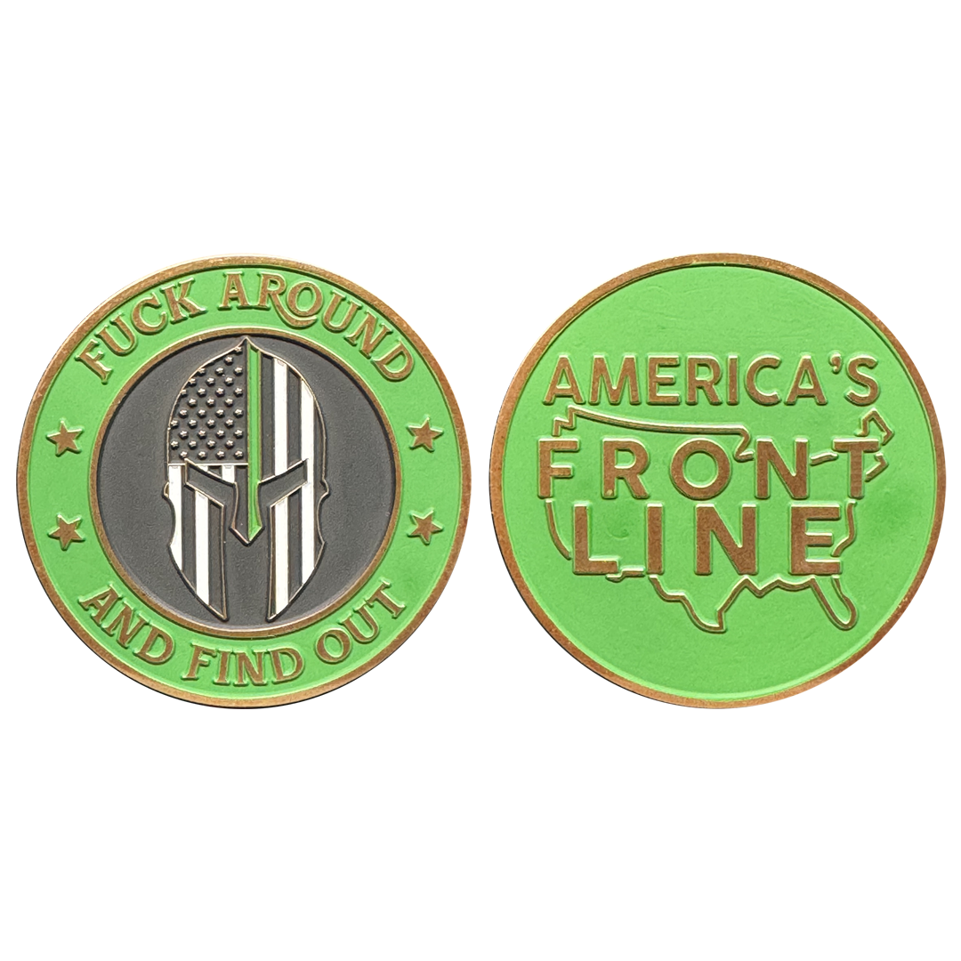 GL4-002 FAFO F Around and Find out Challenge Coin Thin Green Line Flag Spartan Gladiator Warrior Helmet Border Patrol Army Marines Veteran