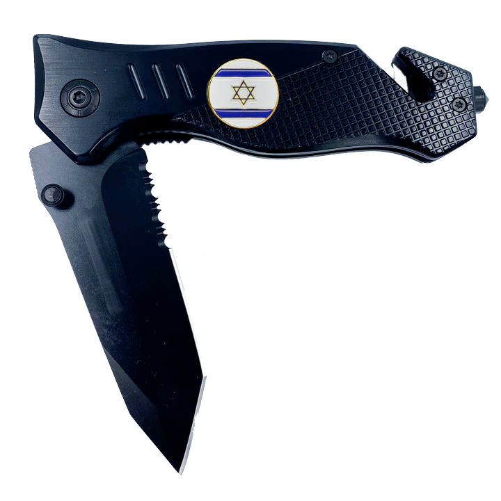 Israeli Defense Forces IDF Israel Flag 3-in-1 Military Tactical Rescue knife tool with Seatbelt Cutter, Steel Serrated Blade, Glass Breaker