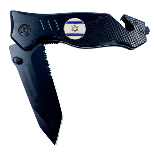 Israeli Defense Forces IDF Israel Flag 3-in-1 Military Tactical Rescue knife tool with Seatbelt Cutter, Steel Serrated Blade, Glass Breaker