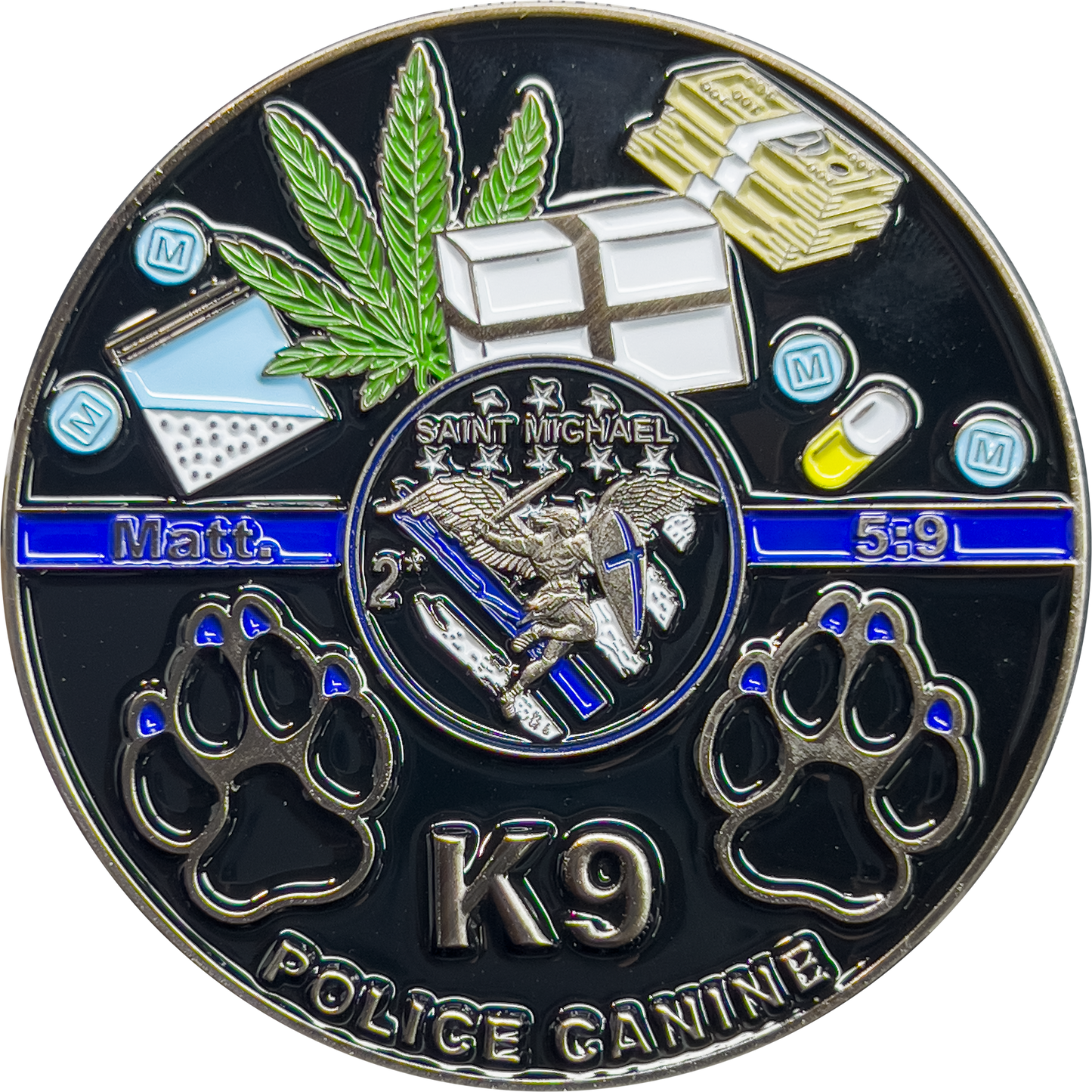 JJ-009 Police K9 Challenge Coin Canine Unit Saint Michael Thin Blue Line Prayer Paw Prints