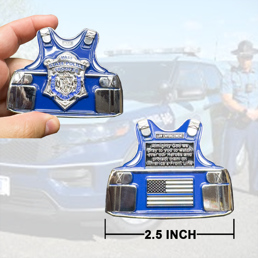 EL15-20 MSP Body Armor Officer's Prayer Challenge Coin Massachusetts State Police Trooper Thin Blue Line