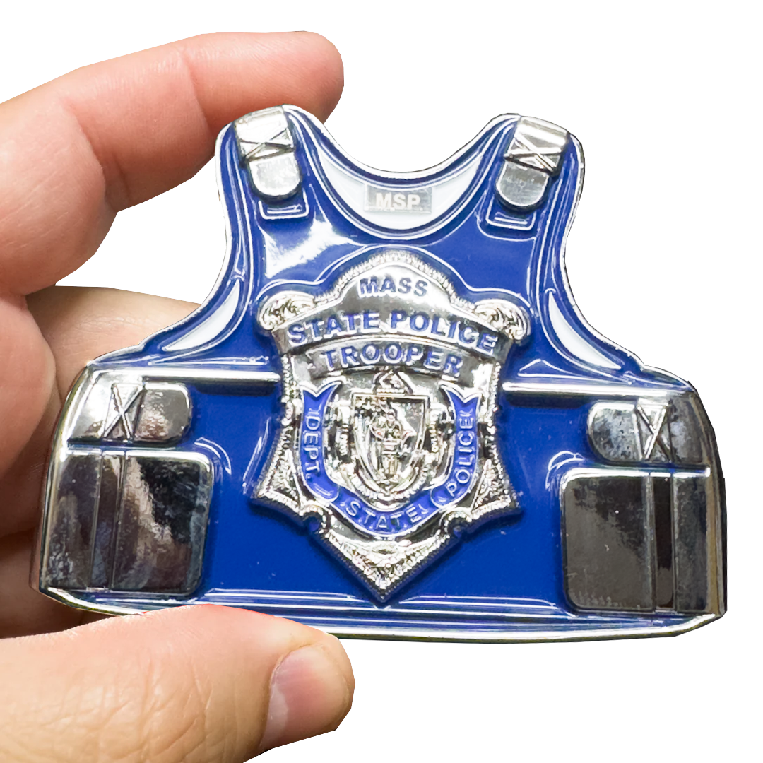 EL15-20 MSP Body Armor Officer's Prayer Challenge Coin Massachusetts State Police Trooper Thin Blue Line
