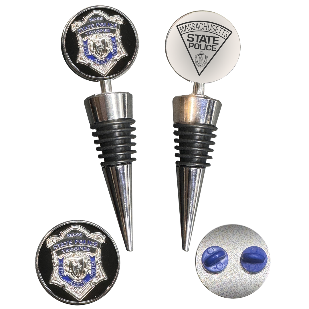 BL18-004 Massachusetts State Police Mass Trooper MSP Challenge Coin Wine Bottle Stopper with Lapel Pin