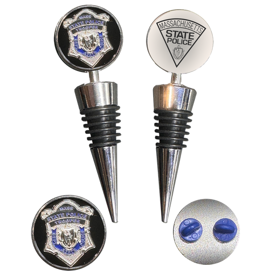 BL18-004 Massachusetts State Police Mass Trooper MSP Challenge Coin Wine Bottle Stopper with Lapel Pin