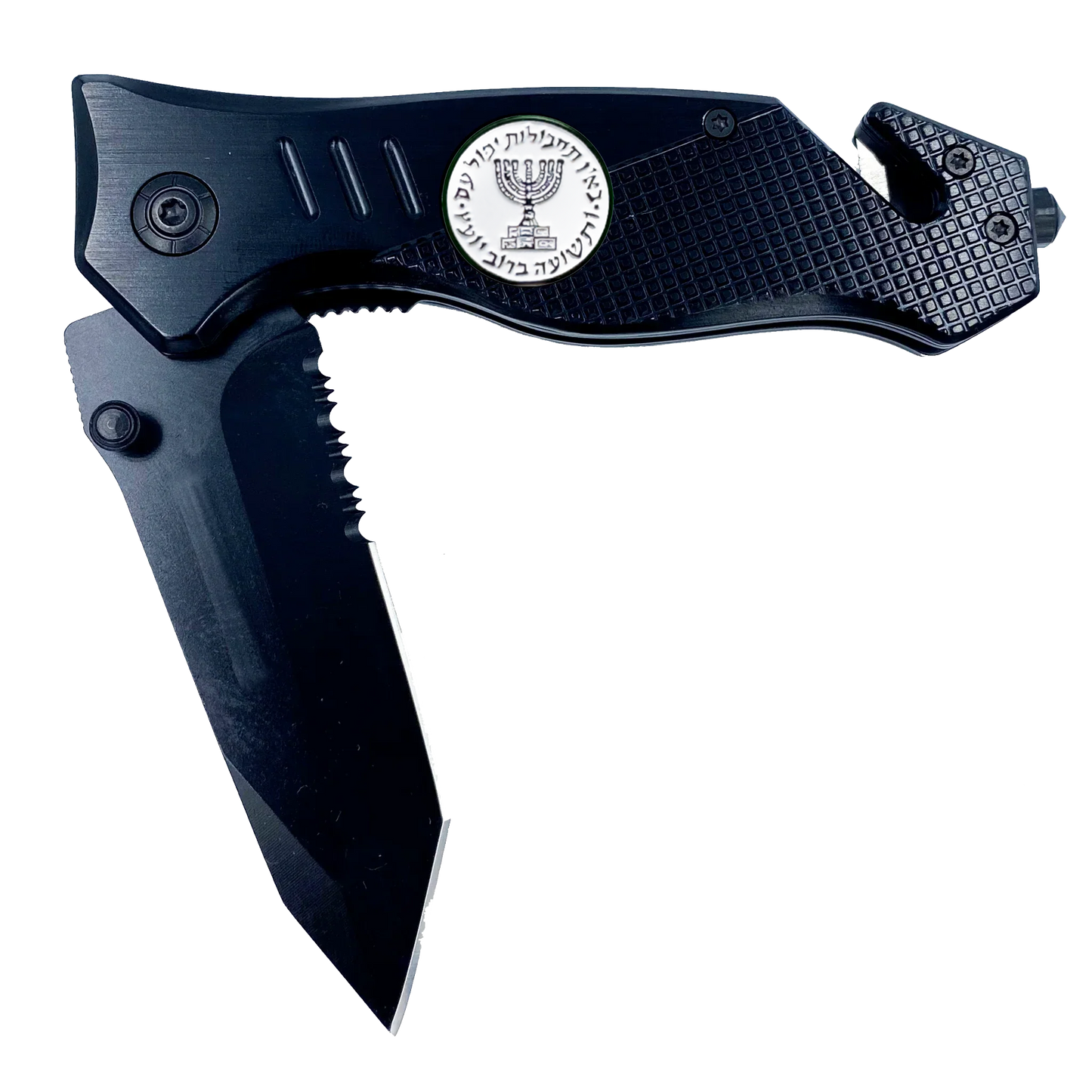 Mossad Israeli Intelligence 3-in-1 Tactical Rescue tool knife with Seatbelt Cutter Steel Serrated Blade Glass