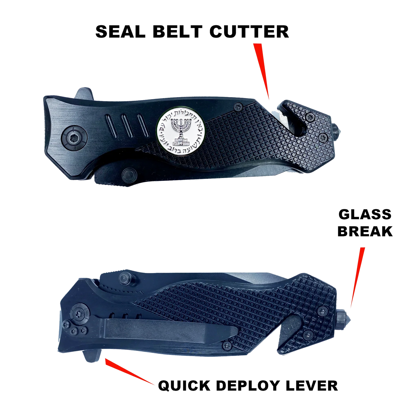 Mossad Israeli Intelligence 3-in-1 Tactical Rescue tool knife with Seatbelt Cutter Steel Serrated Blade Glass