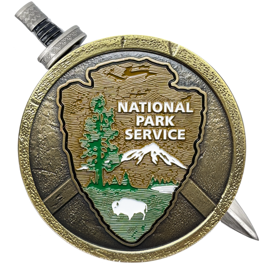 EE-007 National Park Service NPS Thin Blue Line Flag with removable Sword Challenge Coin Set Patriotic yellowstone