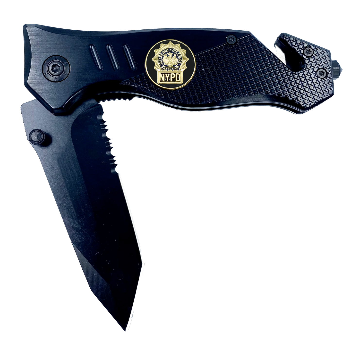 NYPD Detective Knife 3-in-1 Military Tactical Rescue tool knife with Seatbelt Cutter, Steel Serrated Blade, Glass Breaker